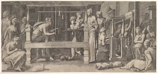 Mujeres hilando, tejiendo y cosiendo, mediados del siglo XVI