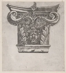 Speculum Romanae Magnificentiae: Capital con volutas de vaina de guisante y cabeza de sátiro, ca. 1537
