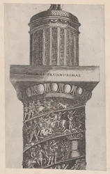 Speculum Romanae Magnificentiae: La parte superior de la Columna de Trajano, mostrando ara..., siglo XVI