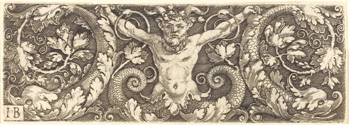Ornamento con sátiro fantástico y delfines