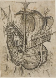 Barco de tres mástiles navegando a la derecha