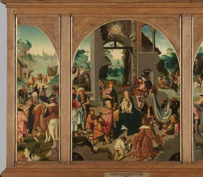 Tríptico con la Adoración de los Reyes Magos (centro y alas interiores), San Antonio Abad (izquierda, ala exterior) y San Adrián (derecha, ala exterior)