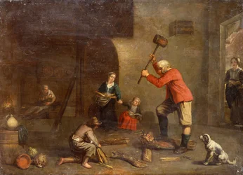 Una cocina con un Viejo Cortando Leña (óleo sobre lienzo)