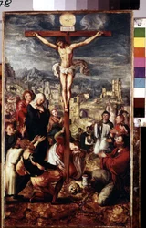 Calvario (Calvary). Oración en torno a Cristo crucificado con la ciudad de Jerusalén al fondo. Inscripción "I.N.R.I." (INRI) en la cruz y sobre la paloma del espíritu santo. Entre los personajes representados en torno a Jesucristo: la Virgen María, San