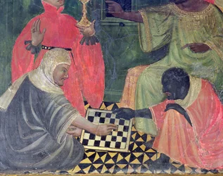 Un moro y un cristiano jugando al ajedrez, del Retablo de SS Nicolás, Clara y Antonio Abad (temple sobre tabla)