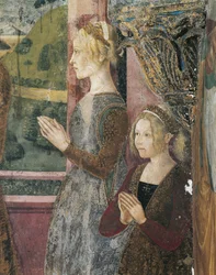 Italia, Región Piamonte, Provincia de Alessandria, Serralunga di Crea, Sacro Monte di Crea, Santuario de Santa María Asunta, Capilla de Santa Margarita de Antioquía, Fresco que representa a Paleólogo y Bernarda de Bosse.