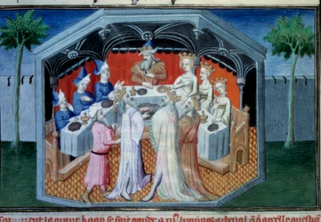 Los hermanos Nicolo y Matteo Polo, padre y tío del joven Marco Polo (1254-1324) fueron recibidos en la corte del Qubilai (Kubilai Khan, primer emperador de la dinastía mongola Yuan (1215-1294), emperador de Mongolia en 1271". Miniatura extraída de "The