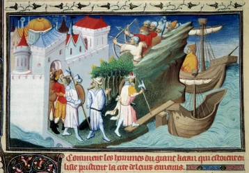 El Gran Khan contra los japoneses o "Cómo los hombres del Gran Khan que rodearon la Isla tomaron la Ciudad de sus enemigos". Miniatura extraída del "Libro de las maravillas" de Marco Polo (1254-1324). Iluminada por el Maestro de Egerton