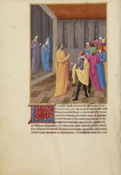 Judas conspirando con los judíos y Cristo hablando con la Virgen