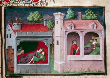 Escena galante: dos parejas conversando. Página de un manuscrito en francés del "Decamerón" de Giovanni Boccaccio dit Jean Boccace (1313-1375), escritor italiano, iluminado por el Maestro de Mansel. 1450. París, Biblioteca del Arsenal