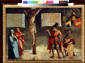 Crucifixión con donantes. Crucifixión con Donantes. Pintura del maestro de Messkirch (hacia 1500-1543). Óleo sobre madera. Arte renacentista alemán. Museo de Bellas Artes, Pushkin, Moscú
