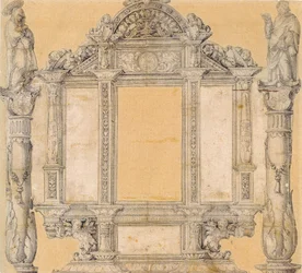 Alemán: Entwurf für das Rahmenwerk des ehemaligen Hochaltarretabels von St. Martin in Meßkirch Borrador para el marco del antiguo retablo del altar mayor de San Martín en Messkirch