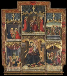 Virgen y Niño entronizados con escenas de la vida de la Virgen