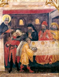 Retablo de San Nicolás, Santa Clara y San Antonio. Detalle. Escena de la vida de San Nicolás Tabla con escena de la vida de San Nicolás. Pintura del Maestro de OBISPO GALIANA (siglo XIV). Procedente de la Iglesia de San Nicolás Vell de Oporto, P