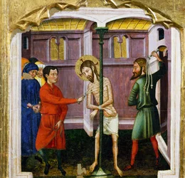 La flagelación, del Maestro de Rubio (siglo XIV), predela del retablo de la Iglesia de Santa María, Rubio, pintura sobre madera.