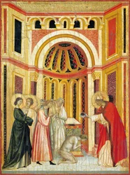 El obispo Urbano bautizando a Tiburcio, detalle del retablo de la Leyenda de Santa Cecilia, hacia 1304, del Maestro de Santa Cecilia (activo a principios del siglo XIV), temple sobre tabla y estampado en pan de oro, 85x181 cm