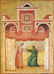 Cecilia persuadiendo a su marido Valeriano para que se bautice, detalle del retablo que representa la Leyenda de santa Cecilia, hacia 1304, del Maestro de Santa Cecilia (activo a principios del siglo XIV), temple sobre tabla y estampado en pan de oro, 85x1