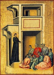 Santa Cecilia convirtiendo a los soldados del prefecto, detalle del retablo que representa la Leyenda de Santa Cecilia, hacia 1304, del Maestro de Santa Cecilia (activo a principios del siglo XIV), temple sobre tabla y estampado en pan de oro, 85x181 cm