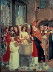 El bautismo de Clodoveo I, en Reims por San Remi el 25/12/496 (o 499), c. 1490-1510 (óleo sobre tabla)