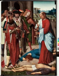 Episodio de la vida de San Juan evangelista: "El milagro de la copa de veneno" (Vida de San Juan evangelista, San Juan bebe una copa de veneno) Pintura del maestro de San Juan evangelista (finales del siglo XV) Dim 120x90 cm Gen