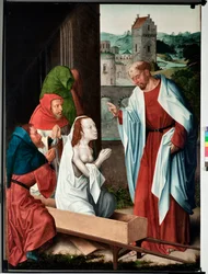 Episodio de la vida de San Juan evangelista: "La resurrección de Drusiana" (Vida de San Juan evangelista, la resurrección de Drusiana) Pintura del maestro de San Juan evangelista (finales del siglo XV) Dim 120x90 cm Genes,