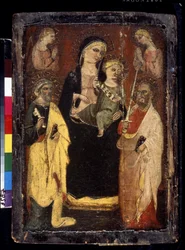 "Madonna and Child Enthroned with Saints Peter and Paul" (Madonna and Child Enthroned with Saints Peter and Paul) Pintura sobre madera del maestro de San Jacopo en Muciano (siglo XV) Museo Pushkin, Moscú