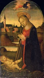 La Virgen Adorando al Niño, Una Ciudad en un Río al Fondo, c.1478