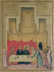 Santa Cecilia y escenas de su vida; detalle del panel superior izquierdo mostrando a Santa Cecilia comiendo en una mesa, c.1300 (detalle)