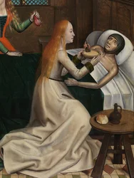 Detalle de la Caridad de San Nicolás, del Retablo de San Nicolás, c.1486-93 (óleo sobre tabla)