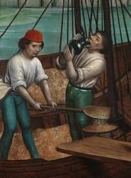 Detalle del Milagro del grano, del Retablo de San Nicolás, c.1486-93 (óleo sobre tabla)