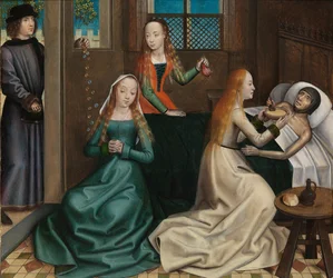 La Caridad de San Nicolás, del Retablo de San Nicolás, c.1486-93 (óleo sobre tabla)
