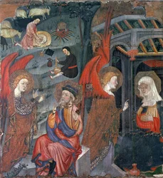 La Anunciación con pastores haciendo queso al fondo, de un retablo dedicado a la Virgen, de Tora, Segarra, Lleida (temple sobre tabla)