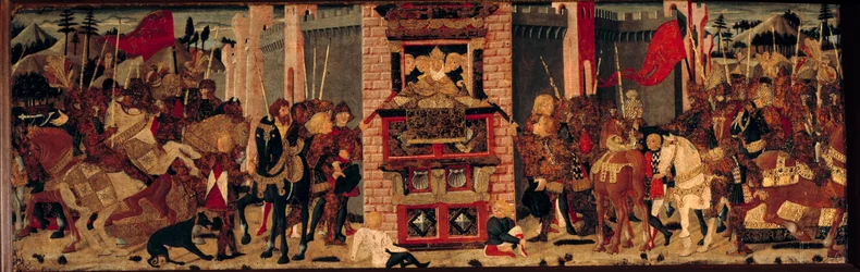 Arriba, Didon recibiendo a los embajadores de Enee en Troya. Detrempe sobre madera del Maestro De Tournon De Sainte Croix