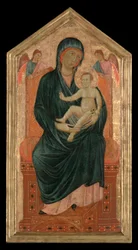 Virgen y niña entronizada con dos ángeles
