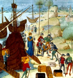 El rey Eduardo III llegando a Saint Vaast La Hogue el 12 de julio de 1346, ilustración de las Crónicas de Inglaterra