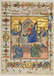 Hoja de un antifonario: Coronación de la Virgen, años 1400.