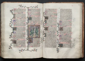 El misal de Gotha: Fol. 117v, San Pedro atado boca abajo a la cruz, c. 1375