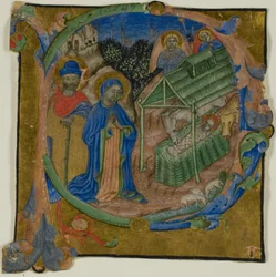 La Natividad en una "P" inicial historiada de un libro coral
