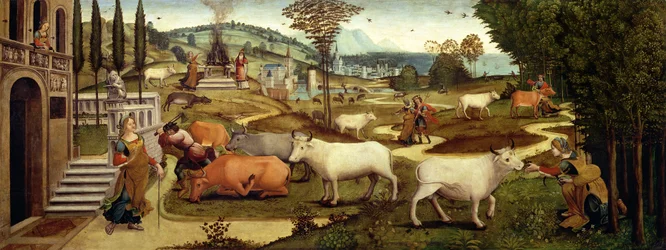 Las pasiones de Pasífae, esposa del rey Minos de Creta, de la Historia de Teseo (óleo sobre tabla)