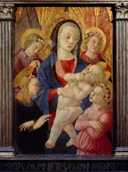 La virgen y el niño rodeados por cuatro ángeles