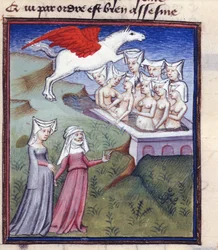 Harl 4431 fol.183 Nueve musas bañándose, de las obras completas de Christine de Pisan