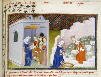 Harley 4431, f.290, Detalle de una miniatura de Christine ante las personificaciones de la Razón, la Rectitud y la Justicia y Christine con la Razón construyendo la Cité des Dames (vitela)