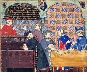 Avaricia. Una miniatura con escenas de banca