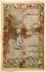 Add. 28841, f.1, orlas geométricas a página completa de rombos, medallones y cuadrifolios poblados por animales y escenas figurativas: aves, reptiles y animales, incluidos leones atacando a otras criaturas y aves luchando entre sí, un gallo, un búho, una