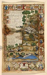 Agregar. 28841, f.1v: Bordes geométricos de página completa de romboides, redondeles y cuadrifolios habitados por animales y escenas figurativas: Pastores vigilando ovejas y cabras y luchando contra lobos, un diablo rojo parado a caballo en el borde, de un