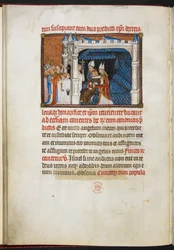 Cotton Tiberius B. VIII f.44v Los obispos de Reims y Beauvais levantan al rey del tálamo, de «El libro de la coronación de Carlos V, rey de Francia»