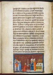 Cotton Tiberius B. VIII f.49v El Arzobispo de Reims devolviendo la espada al Rey, ilustración de 