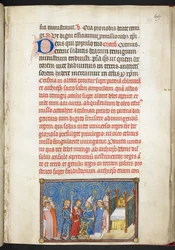 Algodón Tiberius B. VIII f.51r, El Arzobispo de Reims desabrochando la túnica del Rey, del 