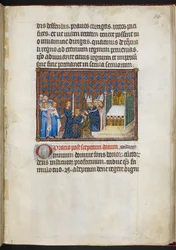 Cotton Tiberius B. VIII f.58r El rey recibe el cetro y la vara («Main de la Justice»), de «El libro de la coronación de Carlos V, rey de Francia»