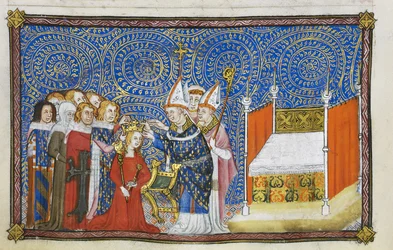 Cotton Tiberius B. VIII f.69v El arzobispo de Reims coloca la corona sobre la cabeza de la reina y los barones sostienen su corona, ilustración de «El libro de la coronación de Carlos V, rey de Francia»